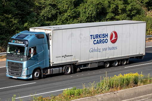 Cologne, Germany - July 13, 2018: Turkish Cargo truck on motorway