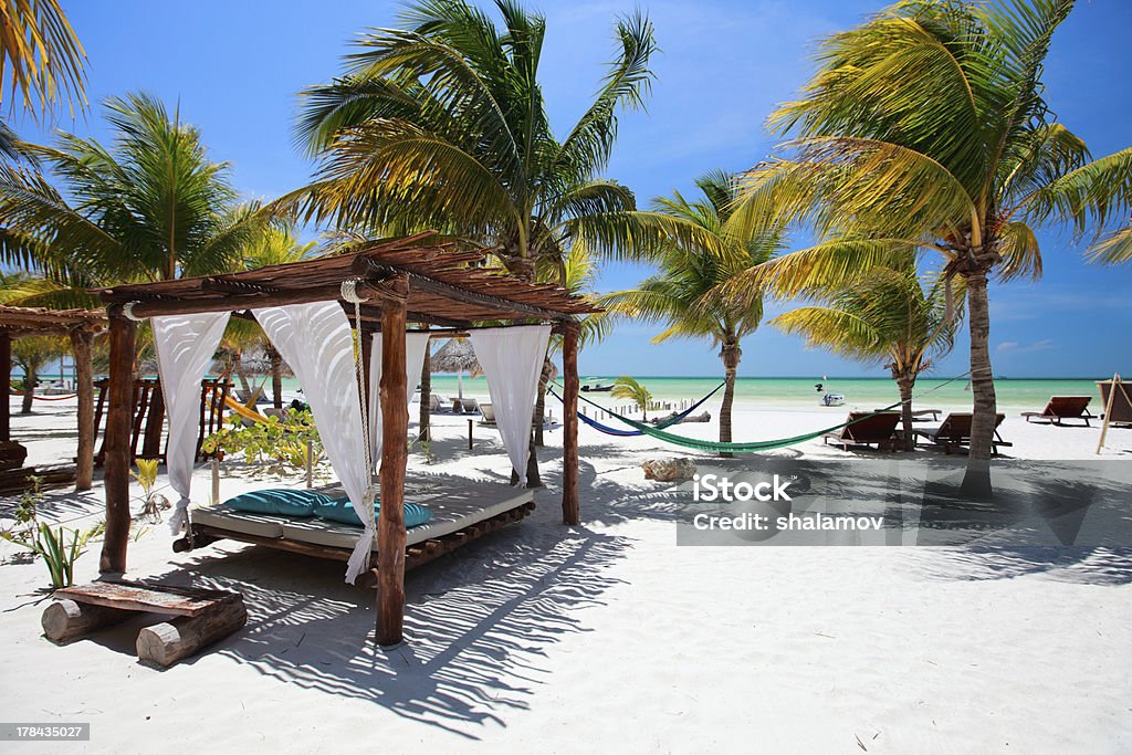 Perfect tropical beach Beach beds among palm trees at perfect tropical coast Holbox Island Stock Photo
