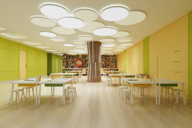 istock Modern Empty Kindergarten Classroom With Tables, Stools, Bookshelf And Colored Walls 1784361523
