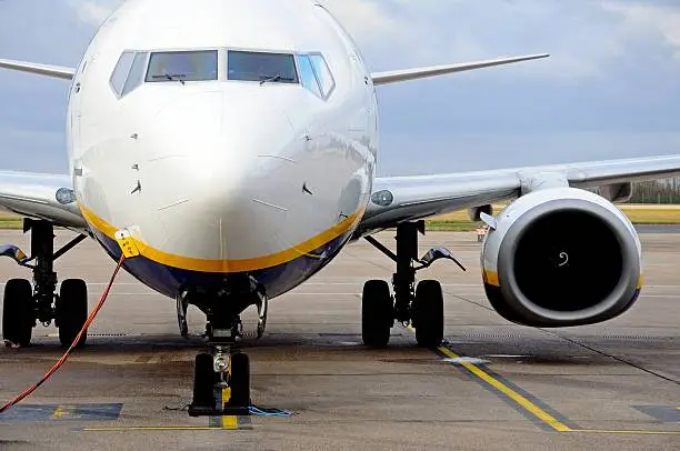 Boeing 737-800 parked on the airport apron, East Midlands Airport, Leicestershire, England, UK, Western Europe.