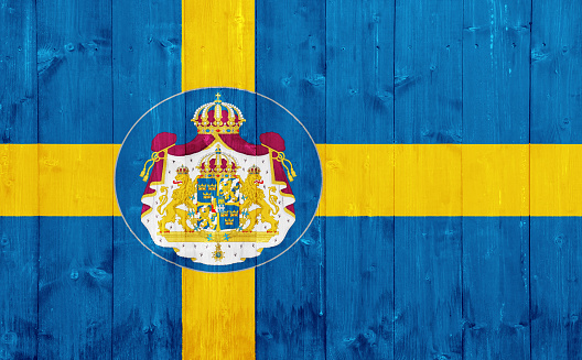 Flag and coat of arms of Kingdom of Sweden on a textured background. Concept collage.