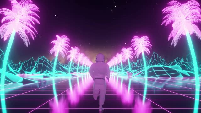 Astronaut runs surrounded by flashing neon lights. Music and nightclub concept. Retro 80s style synthwave background