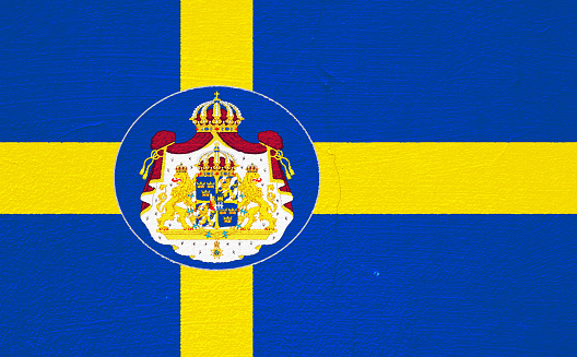 Flag and coat of arms of Kingdom of Sweden on a textured background. Concept collage.