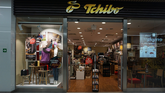 Wroclaw, Poland - October 19, 2023:Tchibo GmbH is one of the largest coffee, consumer goods and retail companies in Germany. View of a retail store.