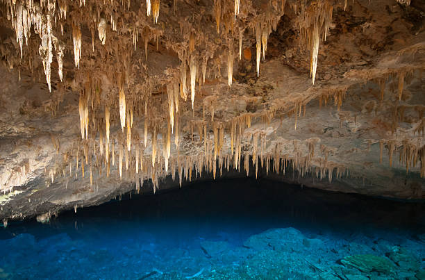 Blue Lake Grotto, Bonito - Brazil Blue Lake Cave (Portuguese: Gruta do Lago Azul) is a cave located in Bonito, Mato Grosso do Sul state, Brazil. The cave has been listed as a protected area by IPHAN since 1978. The crystal water from the cave emerges out from the ground  bonito brazil stock pictures, royalty-free photos & images