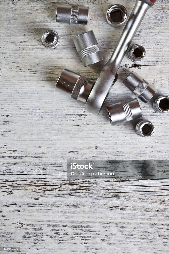 Ratchet wrench Ratchet wrench on wood background Bolt - Fastener Stock Photo