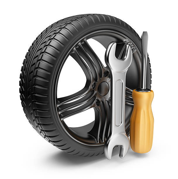 Wheel and tools. Car service. 3D Icon isolated stock photo