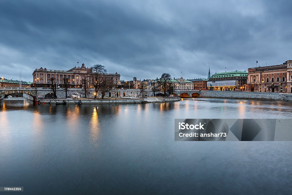 Riksdag Building at Helgeandsholmen Island in the Evening Riksdag Building at Helgeandsholmen Island in the Evening, Stockholm, Sweden Architecture Stock Photo