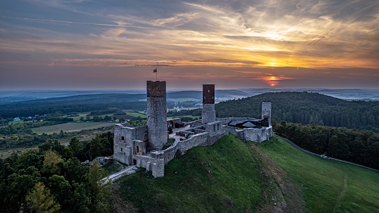 The Royal Castle in Chciny from the 13th and 14th centuries in Poland. Polish castles. Aerial photography