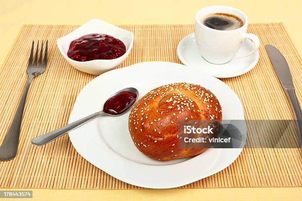 Bread Roll Coffee Jam Continental Breakfast Stock Photo - Download Image Now - Bamboo - Material, Blueberry, Bowl