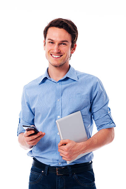 istock Happy man holding mobile phone and digital tablet 178443625