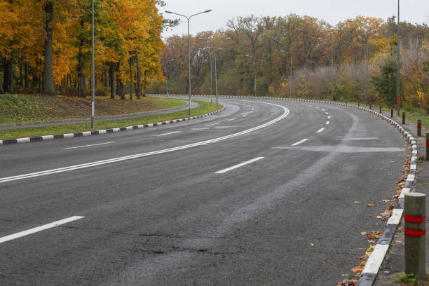 A winding country road stretches through a quiet autumn landscape bordered by bare trees and dry grass. The overcast sky and muted colors create a peaceful, contemplative mood, evoking the feeling of solitude and open space.