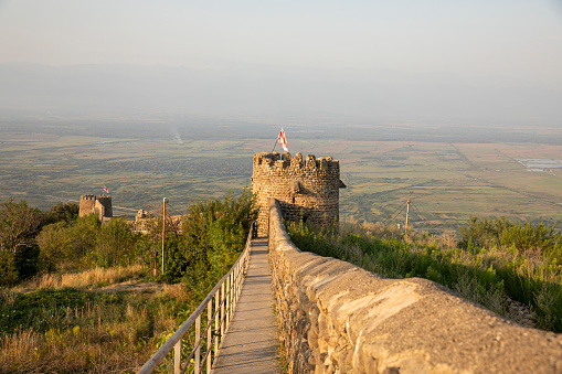 Old city wall and tower in city Sighnaghi, Georgia with view of the Alazani valley in Kakheti  region.