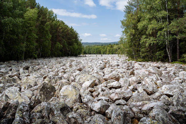 hades panoramico di un fiume di pietra nel parco nazionale di taganay. c'è una fitta foresta intorno al fiume. - south ural foto e immagini stock