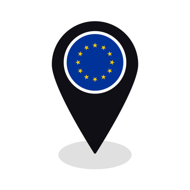 ilustrações de stock, clip art, desenhos animados e ícones de european union flag on map marker icon isolated - european union coin european union currency coin isolated objects