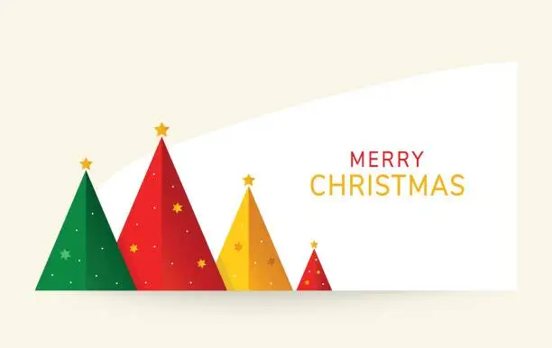 Vector illustration of Trendy colorful graphic Christmas New Years banner with row of red yellow green triangular decorated Christmas tree stars. Holiday template for business greeting cards