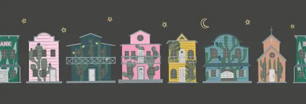 Vector illustration of Bright night wild west town houses. Western street with floral graffities wood buildings vector seamless border.