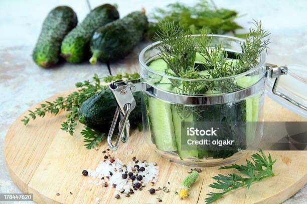 Cucumbers In The Jar With Dill Salt And Pepper Stock Photo - Download Image Now - Can, Canned Food, Condiment