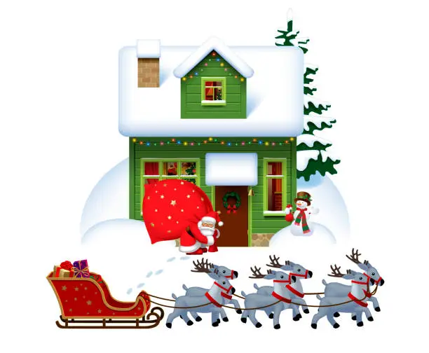 Vector illustration of Santa Claus with red sack with gifts near village house covered with snow and sleigh in reindeer sleigh isolated on white