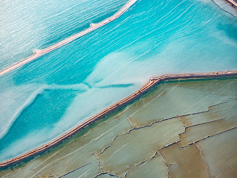 Aerial photo taken from a small plane showing a salt works at Useless Loop, Shark Bay, Western Australia