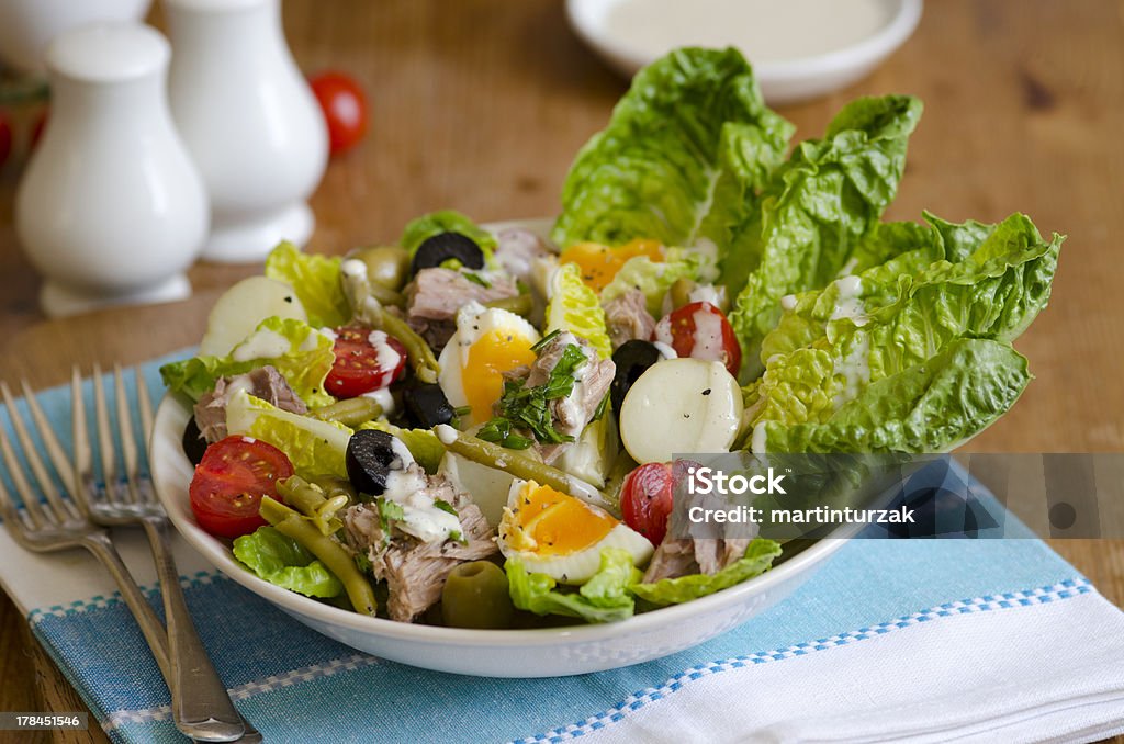 Salad Nicoise Freshly made traditional salad Nicoise in a bowl Salad Nicoise Stock Photo