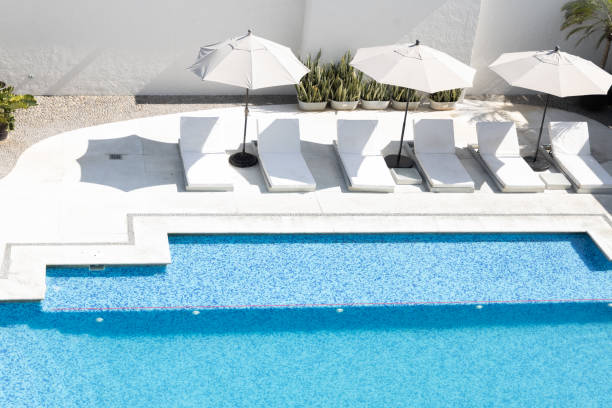 istock pool with lounge chairs and umbrellas on the shore in a hotel 1784524376