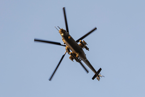 Belgrade, Serbia - September 8, 2023: Serbian Army Mi-35M attack helicopter in the sky above Belgrade in a training flight