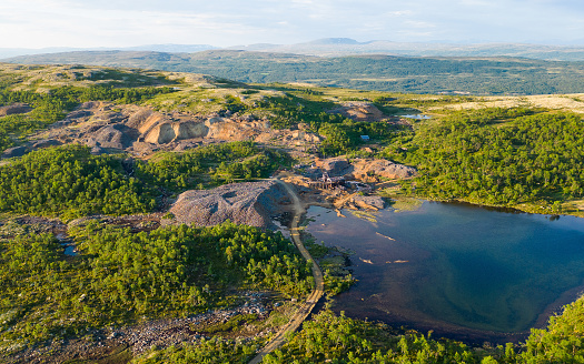 Aerial view of Christianus Sextus historic iron mine near Røros in Norway