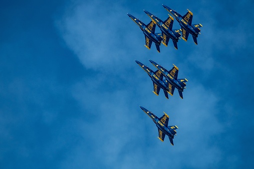 San Francisco, United States – October 07, 2023: A spectacular aerial show featuring six US Navy Blue Angels jets flying in formation through the bright blue sky