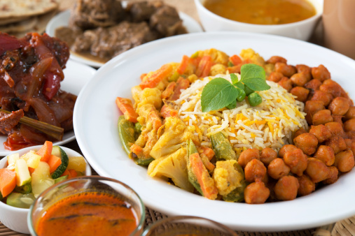 Indian meal biryani rice and curry.