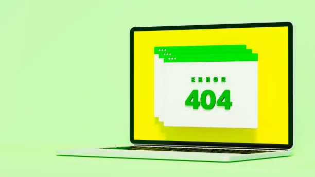 Photo of 404 error messages appear on laptop on green stage, connection technical problems, 3d illustration