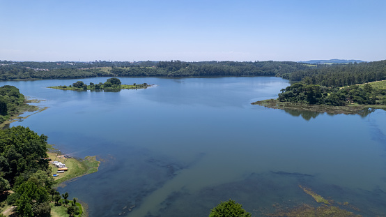 Aerial view of Parque da Cidade in the city of Jundiai, Sao Paulo, Brazil. Park with a dam