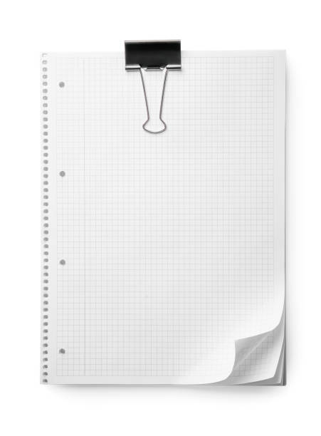 istock Stack of checkered paper sheets with binder clip on white background, top view 1784601582