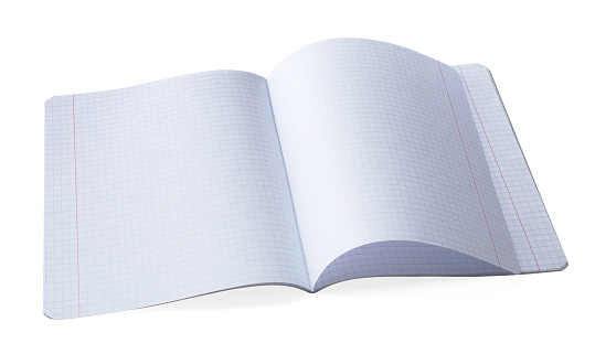 Open copybook with checkered sheets of paper on white background