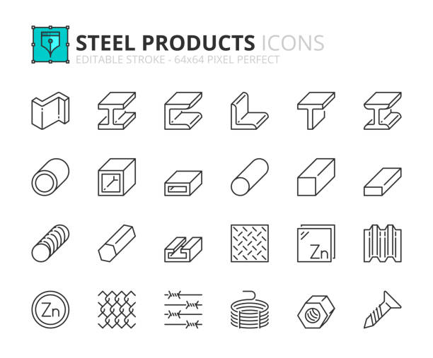 Line icons about steel products. Pixel perfect 64x64 and editable stroke Line icons about steel products. Contains such icons as rolled steel, metal beams, rods, wire and pipes. Editable stroke Vector 64x64 pixel perfect zinc stock illustrations