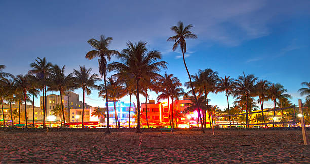 Picture of Miami Beach, Florida at sunset Miami Beach, Florida  hotels and restaurants at sunset on Ocean Drive, world famous destination for it's nightlife, beautiful weather and pristine beaches south beach photos stock pictures, royalty-free photos & images