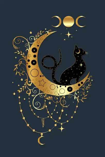 Vector illustration of Mystical black cat over celestial crescent moon and triple goddess, witchcraft symbol, witchy esoteric gold logo. Vector golden luxury wiccan clipart in boho style isolated on blue background