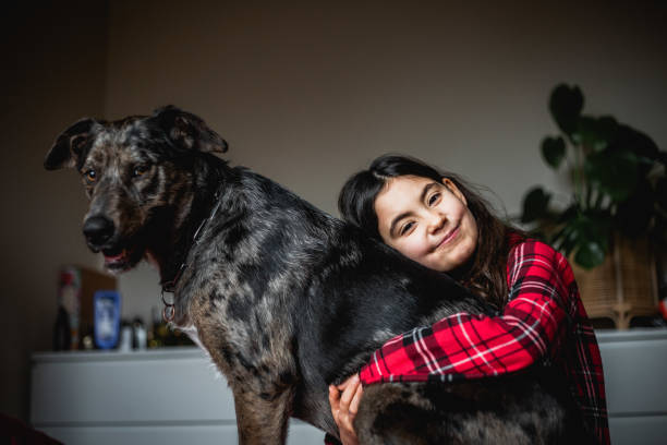 istock smiling girl in checked pajama hugs her grey dog 1784611217