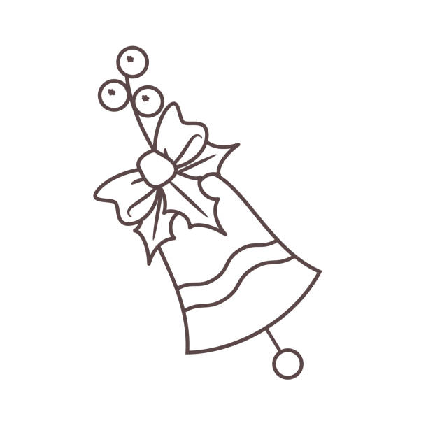 ilustraciones, imágenes clip art, dibujos animados e iconos de stock de contorno de campana festiva con lazo atado y acebo - vector bell christmas lights celebration