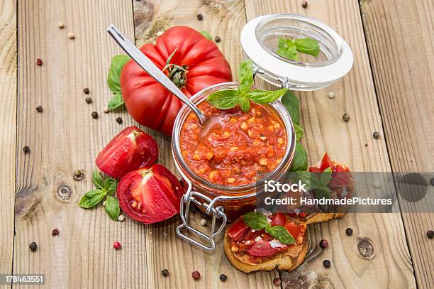 Fresh Made Bruschetta Sauce Stock Photo - Download Image Now - Pesto Sauce, Sandwich, Antipasto