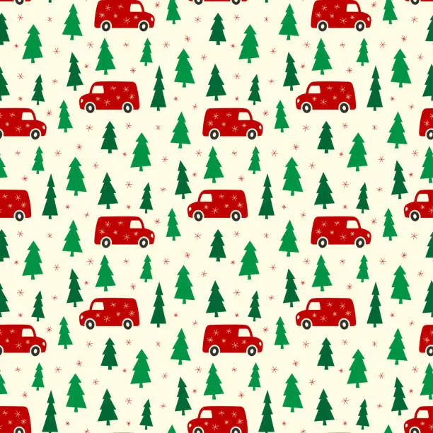 Vector illustration of Small red delivery vans, Christmas trees and snowflakes isolated on a white background. Cute holiday seamless pattern. Vector simple flat graphic illustration. Texture.