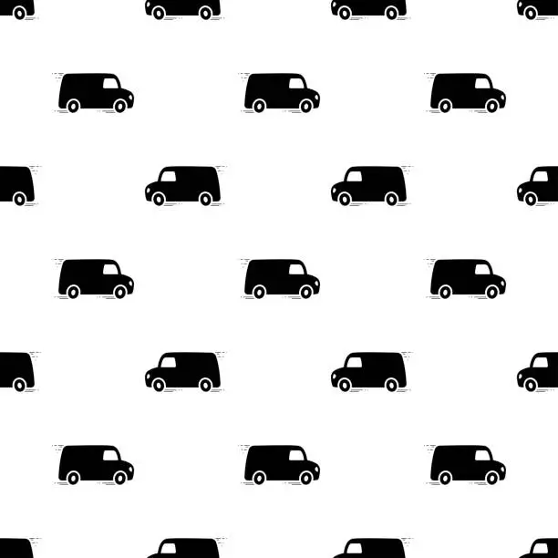 Vector illustration of Black small vans isolated on a white background. Cute transport monochrome seamless pattern. Vector simple flat graphic illustration. Texture.
