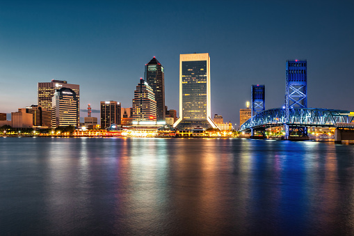 Skyline of Downtown Jacksonville Florida USA at night.