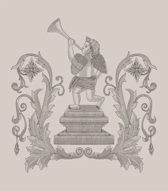 Vector illustration of Little angel playing trumpet on the pillar with floral ornament, Vintage engraving drawing style illustration