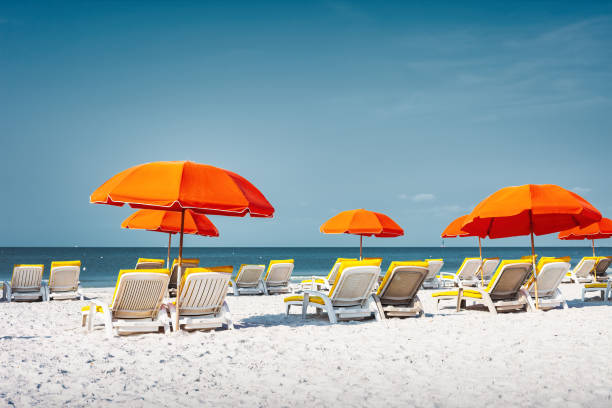 Beach Lounge Chairs Umbrellas Tropical Vacation