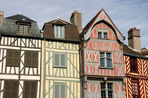 Old architecture in Auxerre (Yonne, Burgundy), France. Timber framing of colorful houses.