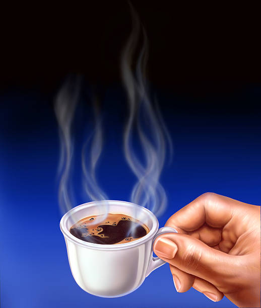 Espresso cup held by a man hand. Close-up airbrush illustration.