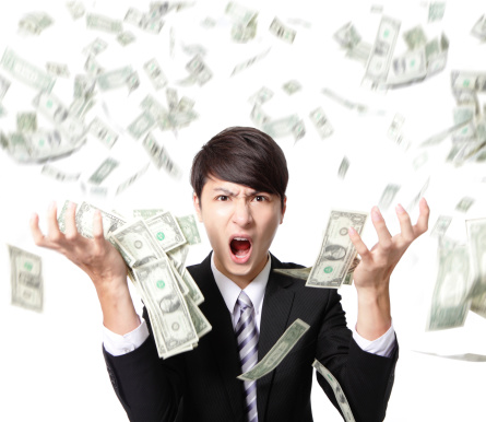 business man anger shouting with money falling rain isolated on white background, asian