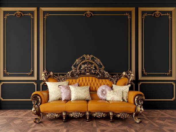 istock Classic style yellow sofa with gold element in black living room.3d rendering 1784683983