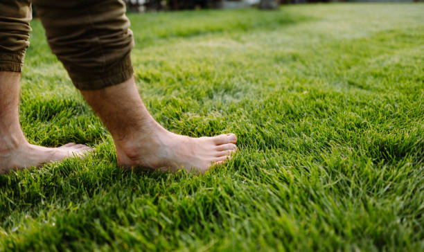 istock Bare man's feet on the green grass. Bare foot concept 1784693819